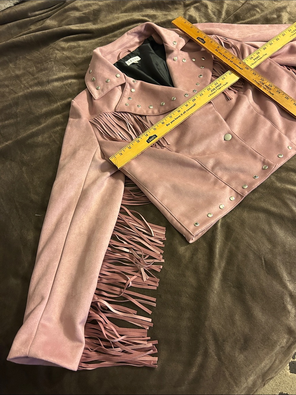 Adore Dusty Pink Faux Suede Fringe Moto Jacket with Studs - Picture 6 of 13